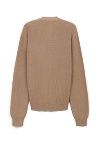 Maglione beige a maglia con scollo a girocollo, maniche lunghe e polsini e orlo a costine. Finitura strutturata con una forma rilassata.