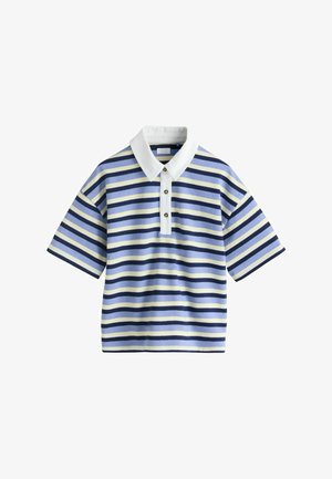 Rövid ujjú póló fehér gallérral és gombsorral, kék, tengerészkék és halvány sárga vízszintes csíkokkal díszítve.