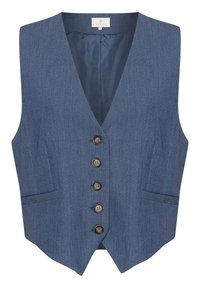 Niebieska kamizelka z denimu, dekolt w kształcie litery V, sześć guzików z przodu, dwie boczne kieszenie, gładka faktura, dopasowany krój z ukośnym dołem.