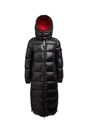Long black puffer coat with a shiny finish, hood, front zipper, and red interior lining. Features large quilted sections and side pockets.