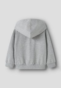 Grauer Hoodie mit Tunnelzugkapuze, gerippten Bündchen und Saum. Hergestellt aus weichem Stoff mit glatter Textur, entworfen für Komfort und lässiges Tragen.