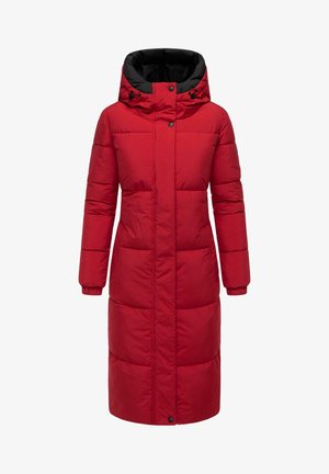 Roter langer gepolsterter Mantel mit schwarzer Kapuze, Knopfverschluss, elastischen Bündchen und einer gesteppten Textur zur Isolierung.
