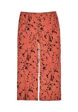 Pantaloni dritti con vita alta di colore terracotta, caratterizzati da un motivo irregolare a macchie nere.