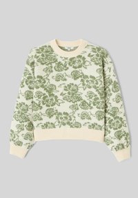 Pull en tricot avec une base crème et un motif floral vert. Il présente un col rond et des poignets côtelés, une coupe décontractée et une texture douce.