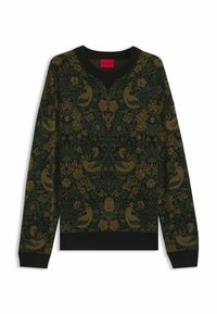 Maglione verde scuro e nero con motivo jacquard in oro di uccelli e fiori, scollo a girocollo e polsini e orlo a costine.