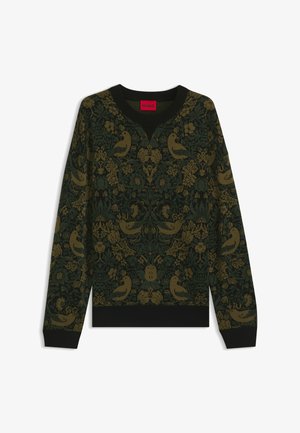 Maglione verde scuro e nero con motivo jacquard in oro di uccelli e fiori, scollo a girocollo e polsini e orlo a costine.