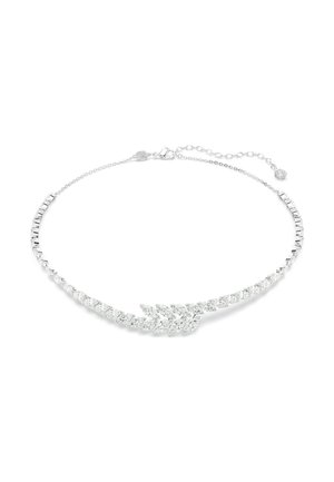 Silberne Halskette mit Marquise- und runden klaren Edelsteinen, die zu einer Blattgruppe in der Mitte arrangiert sind, mit verstellbarer Kette und Verschluss.