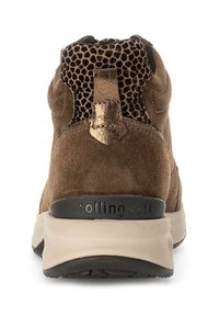 Brown suede ankle boots with a shiny black leopard-patterned accent at the rear and a beige rubber sole with "rollingsoft" branding.