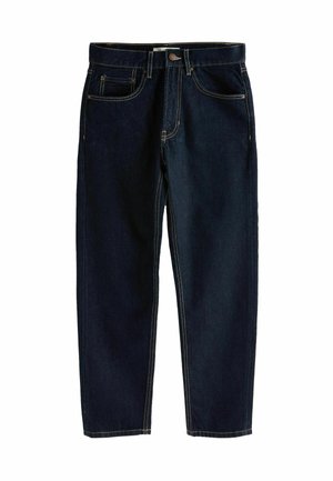 Donkerblauwe denim jeans met een rechte snit, voorzien van oranje stiksels, vijf zakken en een standaard knoopsluiting bij de taille.