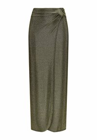 Metallic olivengrüner Midi-Rock mit einem geknoteten Taillen-Detail, hergestellt aus einem schimmernden, elastischen Stoff, der sanft fällt.