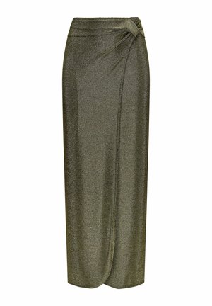 Metallic olive-green midi skirt with a knotted waist detail, made from a shimmery, stretch fabric that drapes softly.