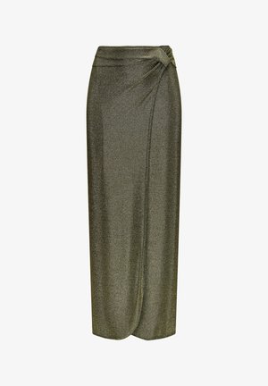 Metallic olive-green midi skirt with a knotted waist detail, made from a shimmery, stretch fabric that drapes softly.