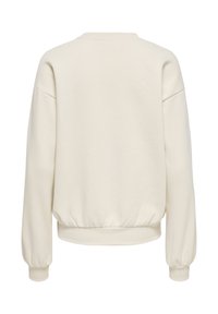 Roomkleurige trui met lange mouwen, voorzien van geribbelde boorden en tailleband, van achteren weergegeven op een effen witte achtergrond.