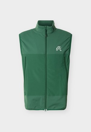 Green sleeveless vest with full front zipper, high collar, zippered side pockets, and small white embroidered logo on chest.