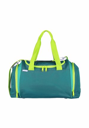 Sporttasche in Türkis und Limettengrün mit zwei Griffen, oberem Reißverschluss und seitlichen Reißverschlusstaschen vor weißem Hintergrund.