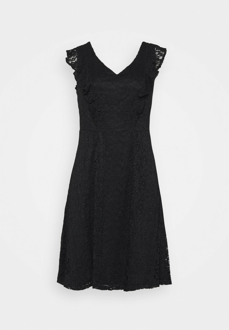 Robe en dentelle noire avec un col en V, des manches courtes à volants et une taille cintrée, s'évasant jusqu'à un ourlet au genou. Motif floral complexe sur l'ensemble.