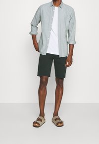 Jasnozielona koszula na guziki, biała koszulka, ciemnozielone szorty i brązowe sandały. Casualowy strój, naturalne materiały, luźne dopasowanie.