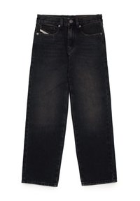 I jeans in denim nero presentano un design a gamba dritta, cinque tasche e un leggero sbiadimento. Il materiale è robusto con una texture liscia.