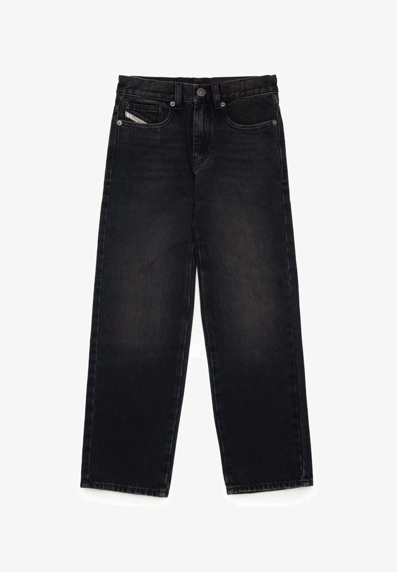 I jeans in denim nero presentano un design a gamba dritta, cinque tasche e un leggero sbiadimento. Il materiale è robusto con una texture liscia.