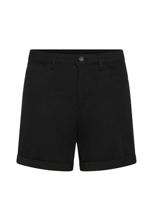 Musta denimhousut, joissa on taitetut lahkeet, etunapit ja vyölenkit, esitettynä valkoista taustaa vasten.