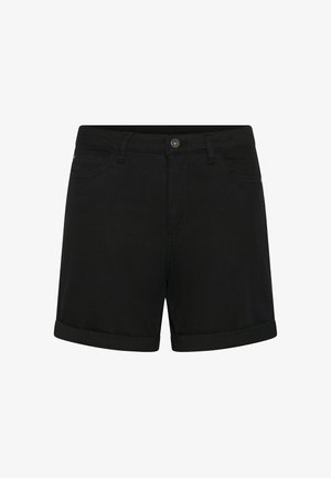 Schwarze Jeansshorts mit umgeschlagenen Bündchen, Vorderknopf und Gürtelschlaufen, dargestellt vor weißem Hintergrund.