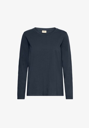 Långärmad t-shirt i marinblå, gjord av mjuk bomull, med rundad halsringning och en avslappnad passform, utan mönster eller dekorationer.