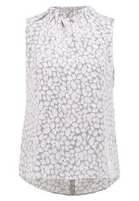 Blouse sans manches en tissu léger avec fond blanc et motif de feuilles noires. Encolure froncée et ourlet légèrement plus long au dos.