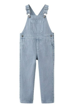 Salopette en jean bleu clair avec bretelles réglables, poche poitrine avant, poches latérales et fermetures par boutons en métal.