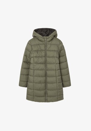 Cappotto imbottito trapuntato verde oliva con cappuccio e cerniera frontale, caratterizzato da cuciture orizzontali e un orlo leggermente svasato.