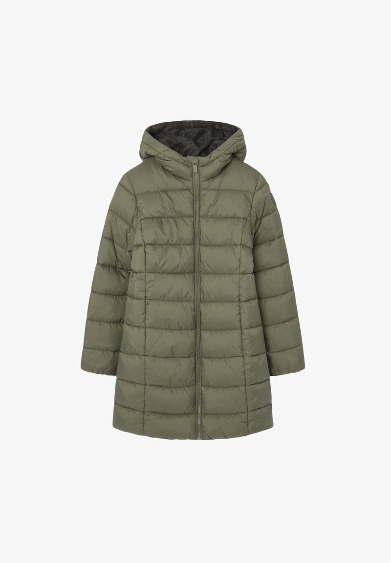 Olivengrøn quiltet dunjakke med hætte og lynlås foran, med vandrette syninger og en let udvidet kant forneden.