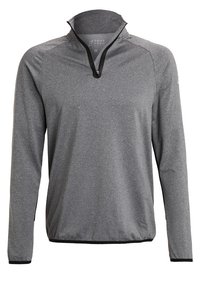 Longsleeve pulower z ćwierć zamkiem w kolorze szarym melanż z czarnym zamkiem i wykończeniami. Lekka tkanina ma gładką strukturę i praktyczny design.