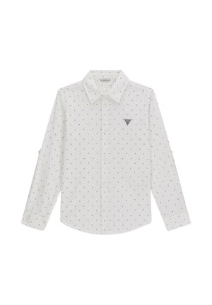 Camicia bianca a maniche lunghe con piccoli pois rossi, colletto button-down, taschino frontale con logo a triangolo e tessuto di cotone texturizzato.