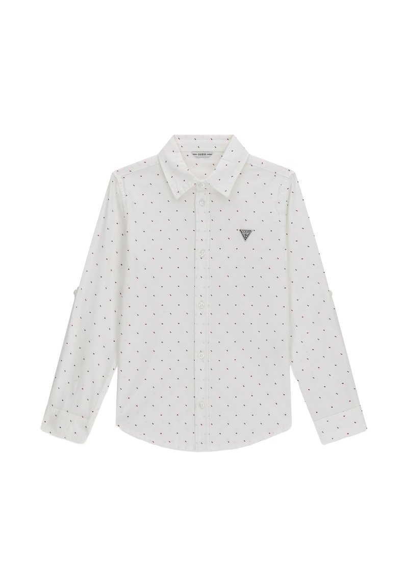 Biała koszula z długim rękawem w małe czerwone kropki, z kołnierzykiem na guziki, kieszenią z przodu z trójkątnym logo oraz teksturowaną bawełnianą tkaniną.