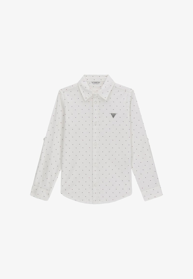 Biała koszula z długim rękawem w małe czerwone kropki, z kołnierzykiem na guziki, kieszenią z przodu z trójkątnym logo oraz teksturowaną bawełnianą tkaniną.