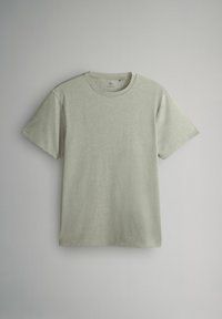 Svetlozelené bavlnené tričko s krátkymi rukávmi, okrúhlym výstrihom a jemnou textúrou. Bez viditeľných vzorov alebo log. Jednoduchý dizajn.