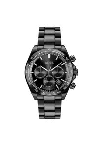 Schwarze Edelstahl-Chronographenuhr mit strukturiertem Zifferblatt, drei kleinen Zifferblättern, Tachymeterskala und einem markanten "BOSS"-Logo.