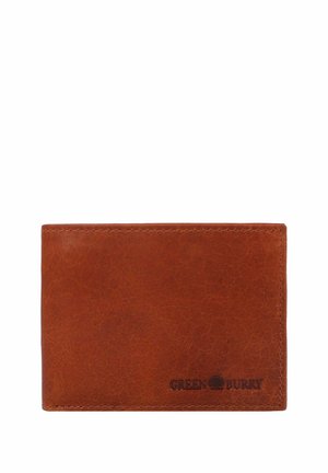 Portefeuille en cuir marron avec une texture lisse, de forme rectangulaire et des bords cousus. Présente un logo en relief dans le coin inférieur droit.