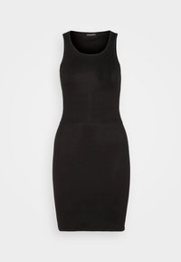 Robe moulante sans manches noire en tissu côtelé. Présente un design ajusté et une encolure ras du cou. Sans motifs ni embellissements.