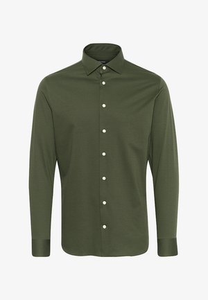 Green long-sleeve shirt made of textured fabric, featuring a button-down collar and white buttons along the front. No patterns or accents.