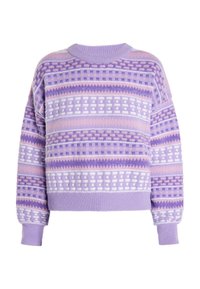 Maglione viola a fantasia con scollo rotondo, polsini a coste e multiple righe orizzontali in diverse tonalità di lavanda e rosa.
