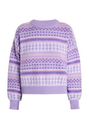 Suéter de patrón púrpura con escote redondo, puños acanalados y múltiples rayas horizontales en diferentes tonalidades de lavanda y rosa.