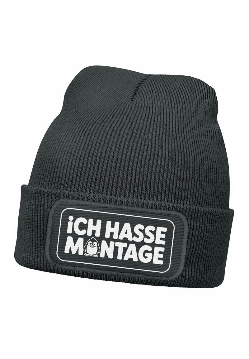 Black knitted beanie with a folded cuff, featuring a rectangular patch that reads "Ich hasse Montage" in white text with a cartoon character.