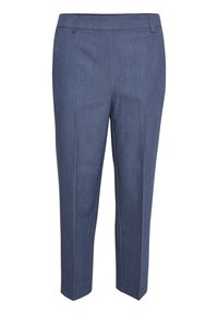 Pantalons légers et ajustés en tissu bleu marine. Caractéristiques : jambes droites, ceinture simple et finition texturée discrète.