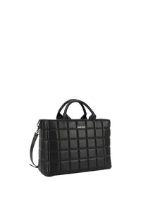Czarna skórzana torba typu tote z pikowanym wzorem, podwójnymi uchwytami u góry i odczepianym paskiem na ramię. Posiada gładką teksturę z delikatnym logo.