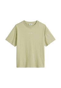 T-shirt in cotone verde chiaro con maniche corte, scollatura rotonda e la scritta "Fai parte della mia storia" stampata in bianco sul davanti.