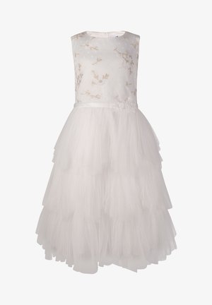 Ärmelloses weißes Kleid mit floraler Stickerei auf dem Oberteil, mehrlagigem Tüllrock und einem Satin-Taillenband mit kleinen Stoffblumen an der Seite.