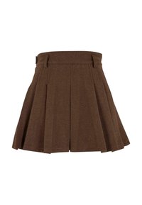 Hnědá skladaná sukně s obepnutým pasem, vyrobená z texturované tkaniny. Obsahuje poutka na opasek a sahá těsně nad kolena.