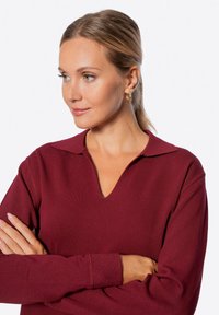 Burgunderfarbener Pullover mit V-Ausschnitt und Kragen. Verfügt über lange Ärmel, eine weiche Textur und dezente Nähte.