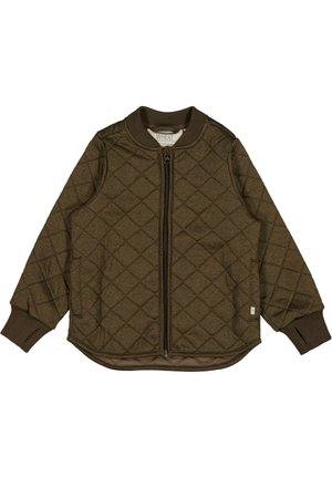 Kvællet brun bomberjakke med lynlås foran, ribbet manchetter og kant, med diamantmønster og et lille mærke på siden.