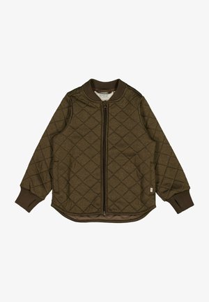 Chaqueta bomber marrón acolchada con cierre de cremallera frontal, puños y dobladillo acanalados, con un patrón de diamantes y una pequeña etiqueta en el lateral.